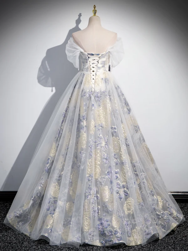 Elegant Sky Blue Beading Appliques Printing Prom Dresses 2024 A-Line / Princess Off-The-Shoulder Short Sleeve Backless Floor-Length / Long Prom Formal Dresses