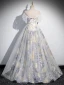 Elegant Sky Blue Beading Appliques Printing Prom Dresses 2024 A-Line / Princess Off-The-Shoulder Short Sleeve Backless Floor-Length / Long Prom Formal Dresses