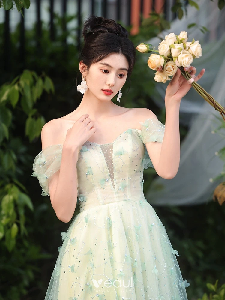 green emerald velvet dress Sage Green Tulle Off the Shoulder Lace Floral Long Prom Dresses, Green –  Lwt Dress