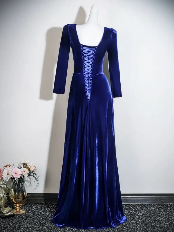Vintage / Retro Royal Blue Velvet Prom Dresses 2026 Trumpet / Mermaid Square Neckline 3/4 Sleeve Backless Floor-Length / Long Formal Dresses