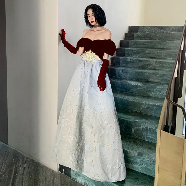 Fashion Burgundy Suede Prom Dresses 2022 A-Line / Princess Off-The-Shoulder Short Sleeve Backless Floor-Length / Long Prom Formal Dresses