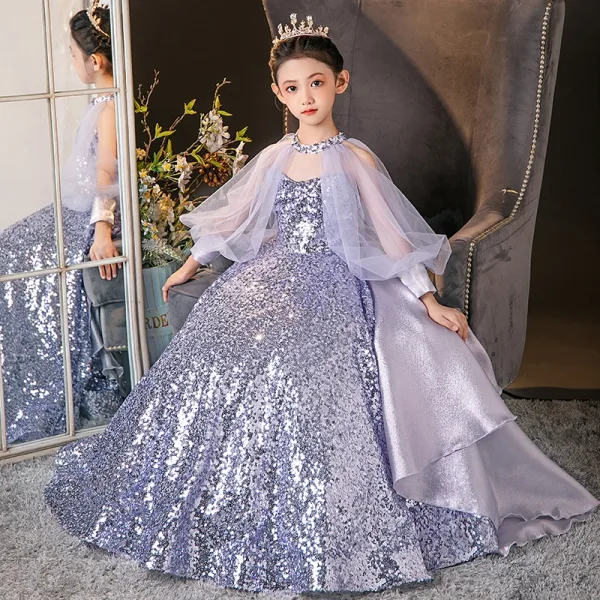 Sparkly Lavender Bow Sequins Birthday Flower Girl Dresses 2025 Ball Gown High Neck Long Sleeve Sweep Train