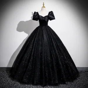 Élégant Noire Glitter Robe De Bal 2025 Robe Boule Encolure Carrée Noeud Manches Courtes Dos Nu Longue Promo Robe De Ceremonie