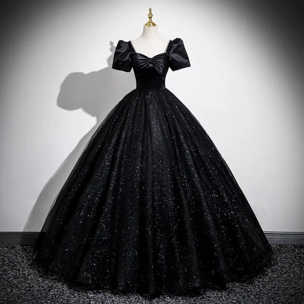 Elegant Black Glitter Prom Dresses 2025 Ball Gown Square Neckline Bow Short Sleeve Backless Floor-Length / Long Prom Formal Dresses