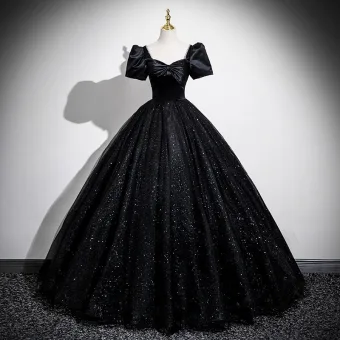 Elegante Schwarz Glanz Ballkleider 2025 Ballkleid Eckiger Ausschnitt Schleife Kurze Ärmel Rückenfreies Lange Ball Festliche Kleider