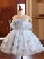 Flower Fairy Sky Blue Appliques Short Birthday Flower Girl Dresses 2024 Ball Gown Scoop Neck Short Sleeve Backless Tulle