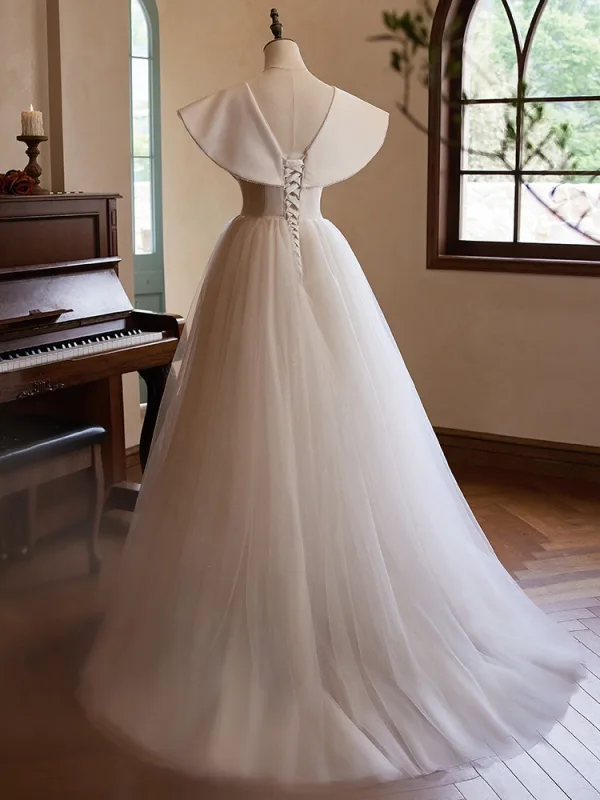 Chic / Beautiful Champagne Prom Dresses 2024 A-Line / Princess V-Neck Bow Sleeveless Backless Floor-Length / Long Prom Formal Dresses