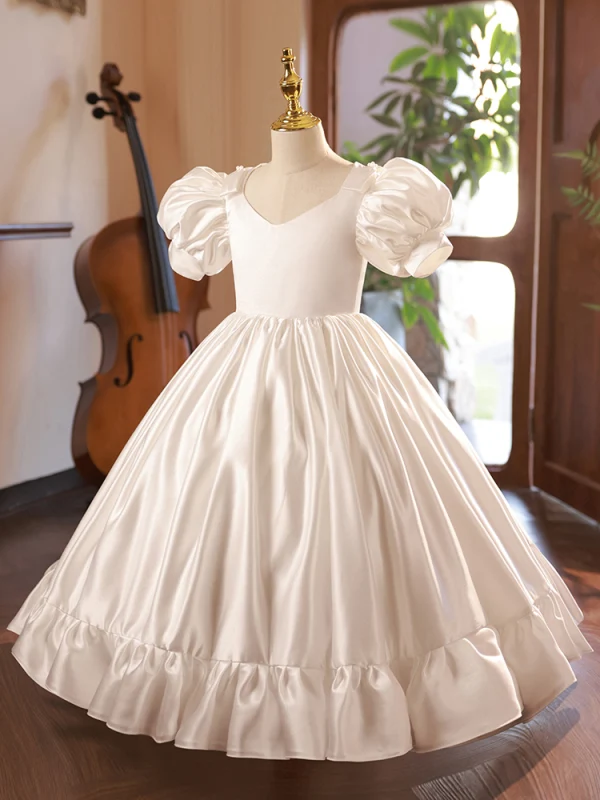 Vintage / Originale Ivoire Anniversaire Robe Ceremonie Fille 2024 Robe Boule V-Cou Gonflée Manches Courtes Longue
