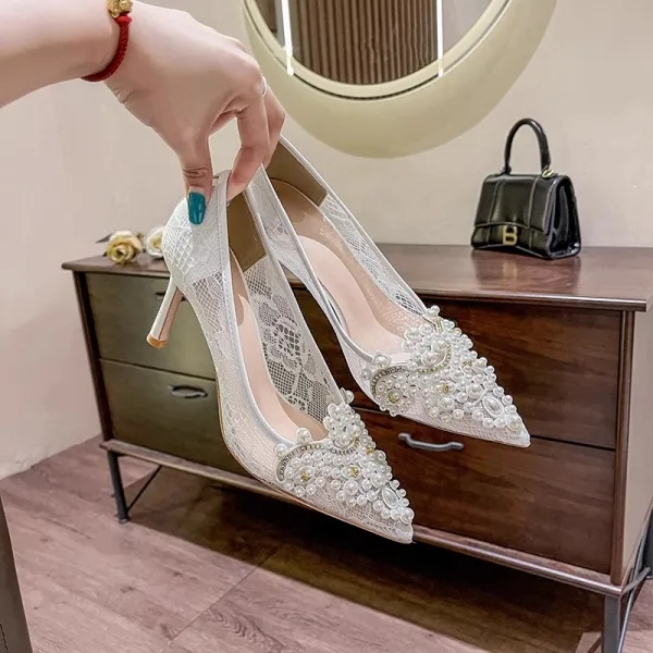 Élégant Blanche En Dentelle Faux Diamant Chaussure De Mariée 2024 Cuir 8 cm Talons Aiguilles À Bout Pointu Mariage Escarpins Talons Hauts