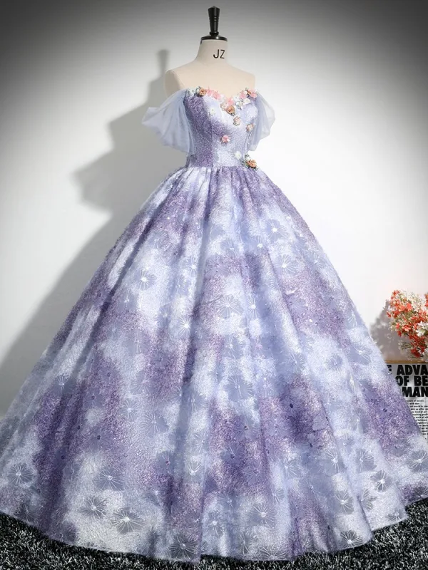 Elegant Lavender Rhinestone Lace Flower Appliques Prom Dresses 2024 Ball Gown Off-The-Shoulder Short Sleeve Backless Floor-Length / Long Prom Formal Dresses