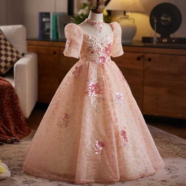 Chic / Beautiful Blushing Pink Beading Sequins Lace Flower Birthday Flower Girl Dresses 2025 Ball Gown High Neck Short Sleeve Backless Floor-Length / Long Tulle