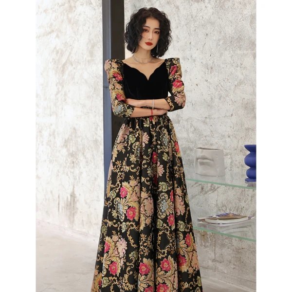 Vintage / Retro Fancy Black Printing Prom Dresses 2023 A-Line / Princess V-Neck 1/2 Sleeves Backless Prom Floor-Length / Long Formal Dresses