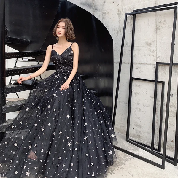 Chic Beautiful Black Star Prom Dresses 2022 A-Line Princess Spaghetti Straps Sleeveless Chic Beautiful Black Star Prom Dresses 2022 A-Line Princess Spaghetti Straps Sleeveless