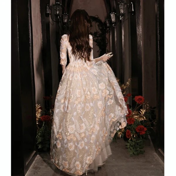 Chic / Beautiful Champagne Sequins Lace Flower Prom Dresses 2024 A-Line / Princess Scoop Neck 3/4 Sleeve Floor-Length / Long Prom Formal Dresses