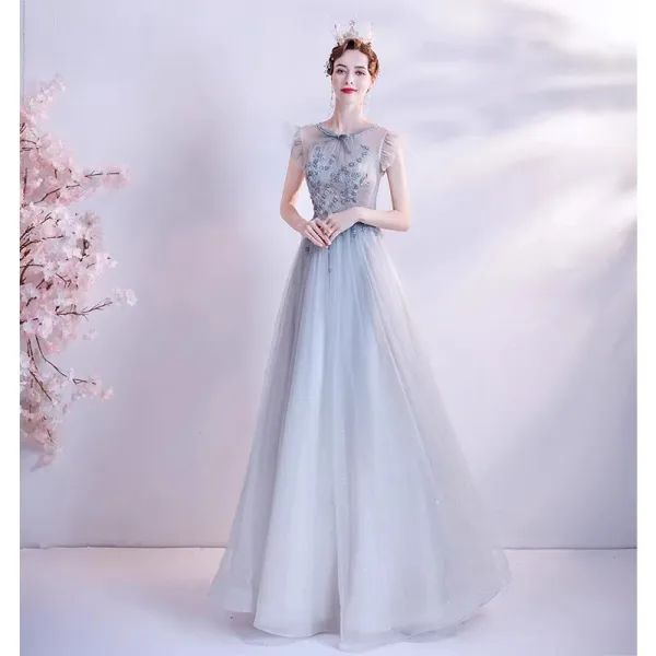 Chic / Beautiful Sky Blue Beading Pearl Rhinestone Prom Dresses 2023 A-Line / Princess Scoop Neck Bow Sleeveless Backless Floor-Length / Long Prom Formal Dresses