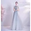 Chic / Beautiful Sky Blue Beading Pearl Rhinestone Prom Dresses 2023 A-Line / Princess Scoop Neck Bow Sleeveless Backless Floor-Length / Long Prom Formal Dresses