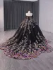 High-end Vintage / Retro Black Handmade  Sequins Lace Flower Prom Dresses 2024 Ball Gown Off-The-Shoulder Short Sleeve Backless Royal Train Prom
