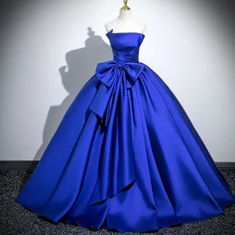 Élégant Bleu Roi Satin Noeud Robe De Bal 2025 Robe Boule Bustier Sans Manches Dos Nu Longue Promo Robe De Ceremonie