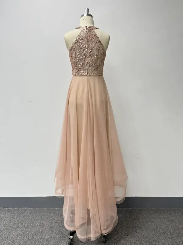 Bling Bling Gold Sequins Asymmetrical Prom Dresses 2024 A-Line / Princess Scoop Neck Sleeveless Prom Formal Dresses