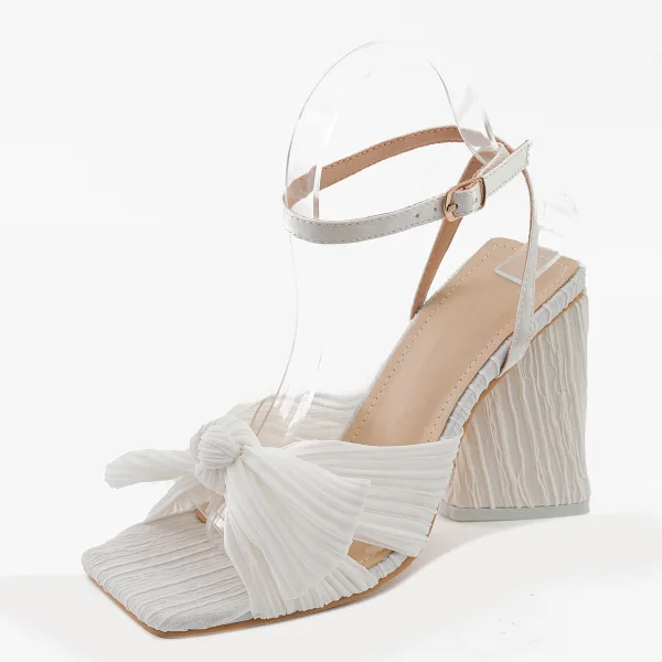 Vintage / Originale Bleu Ciel Vêtement de rue Sandales Femme 2022 Bride Cheville Noeud 10 cm Talons Épais Peep Toes / Bout Ouvert Sandales Talons Hauts