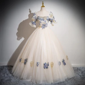 Elegantes Champán Impresión Vestidos De Gala 2024 A Line Princess Escote Cuadrado Hinchado Manga Corta Sin Espalda Largos Gala Vestidos Formales