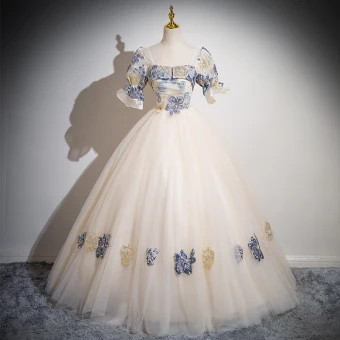 Elegant Champagne Trykning Gallakjoler 2024 Prinsesse Firkantet Halsudskæring Puffy Kort Ærme Halterneck Lange Galla Kjoler