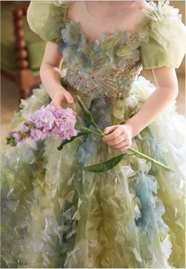 Flower Fairy Sage Green Beading Sequins Appliques Birthday Flower Girl Dresses 2025 Ball Gown Scoop Neck Short Sleeve Backless Floor-Length / Long