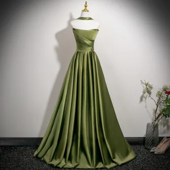 Mote Salvie Grønn Satin Ballkjoler 2025 Ballkjole Strapless Uten Ermer Ryggløse Lange Formelle Kjoler