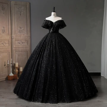 Charmant Noire Perle Paillettes Robe De Bal 2023 Robe Boule De L Épaule Manches Courtes Dos Nu Longue Promo Robe De Ceremonie