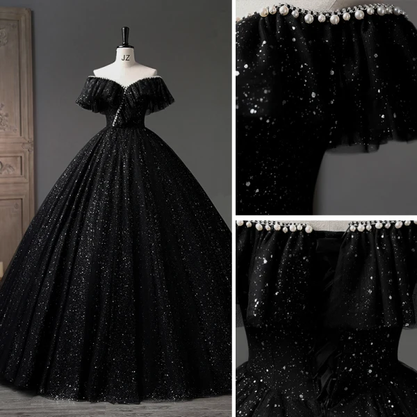 Charming Black Pearl Sequins Prom Dresses 2023 Ball Gown Off-The-Shoulder Short Sleeve Backless Floor-Length / Long Prom Formal Dresses