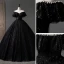 Charming Black Pearl Sequins Prom Dresses 2023 Ball Gown Off-The-Shoulder Short Sleeve Backless Floor-Length / Long Prom Formal Dresses
