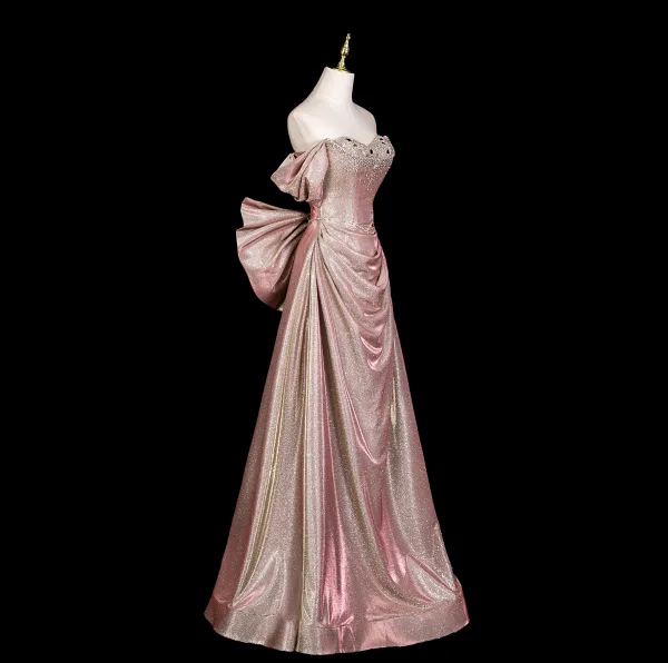 Sexy Rougissant Rose Faux Diamant Paillettes Robe De Soirée 2025 Trompette / Sirène De l'épaule Manches Courtes Dos Nu Noeud Longue Robe De Ceremonie