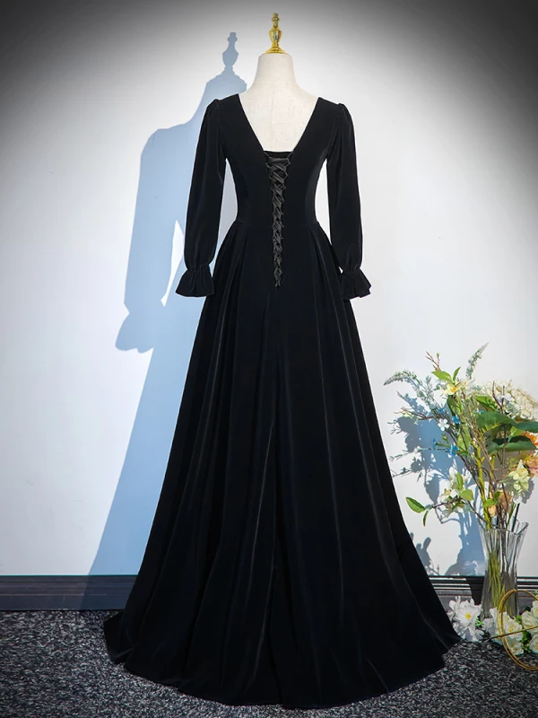 Vintage / Retro Black Winter Velvet Prom Dresses 2024 A-Line / Princess Square Neckline Long Sleeve Backless Floor-Length / Long Prom Formal Dresses