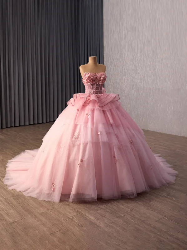 Luxury / Gorgeous Blushing Pink Handmade  Appliques Sequins Pearl Cascading Ruffles Prom Dresses 2026 Ball Gown Strapless Sleeveless Backless Chapel Train Prom Formal Dresses