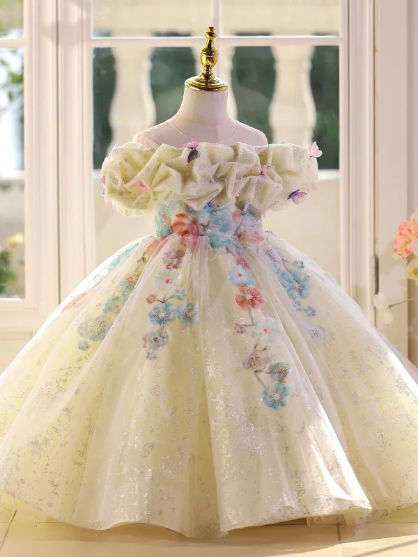 Flower Fairy Sage Green Beading Appliques Sequins Birthday Flower Girl Dresses 2025 Ball Gown Scoop Neck Short Sleeve Backless Floor-Length / Long