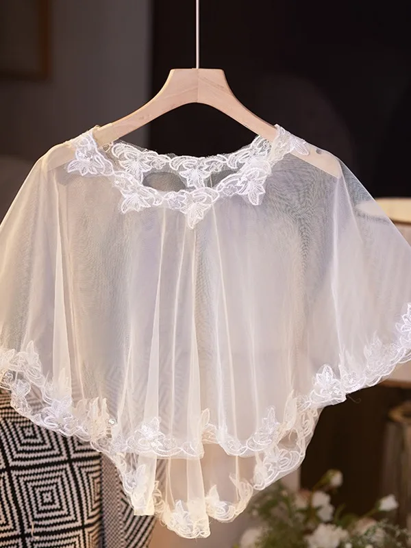 Modest / Simple White Lace Flower shawl Tulle 2025