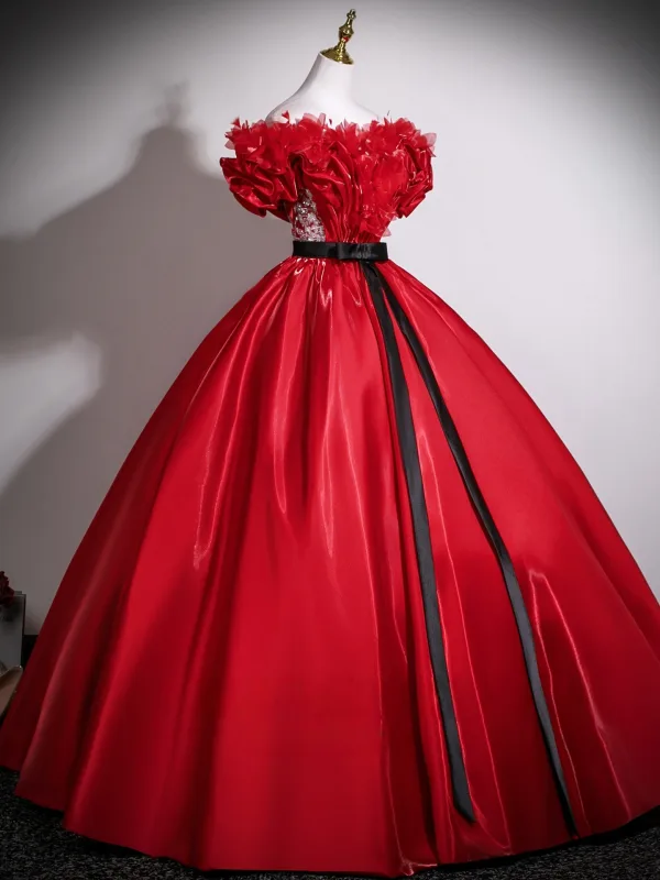 Chic / Beautiful Red Appliques Bow Sash Prom Dresses 2025 Ball Gown Off-The-Shoulder Short Sleeve Backless Floor-Length / Long Formal Dresses