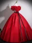 Chic / Beautiful Red Appliques Bow Sash Prom Dresses 2025 Ball Gown Off-The-Shoulder Short Sleeve Backless Floor-Length / Long Formal Dresses