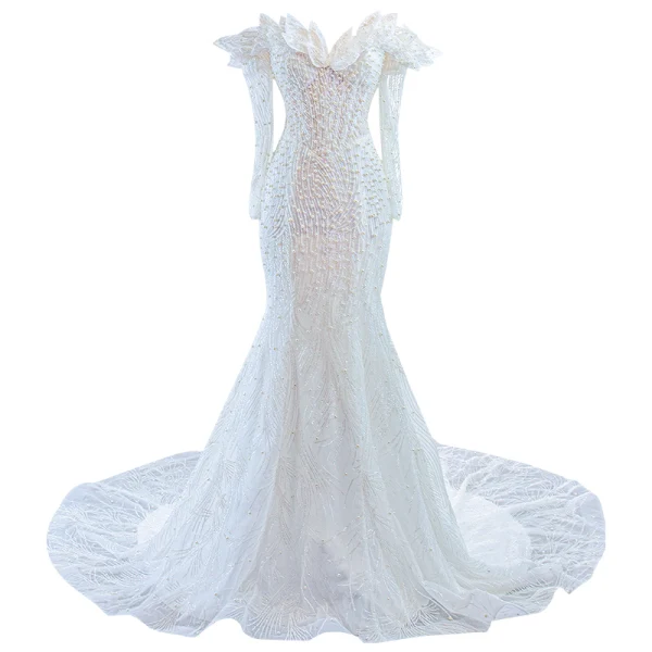 Luxury / Gorgeous White Handmade  Beading Pearl Wedding Dresses 2023 Trumpet / Mermaid Off-The-Shoulder Long Sleeve Backless Floor-Length / Long Wedding