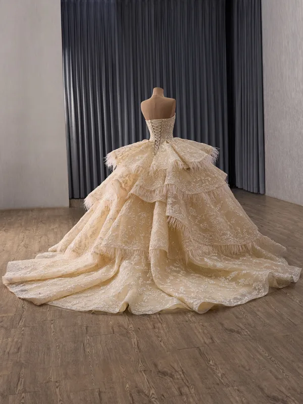 Luxury / Gorgeous Bling Bling Champagne Beading Sequins Lace Flower Cascading Ruffles Wedding Dresses 2026 Ball Gown Strapless Sleeveless Backless Chapel Train