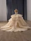 Luxury / Gorgeous Bling Bling Champagne Beading Sequins Lace Flower Cascading Ruffles Wedding Dresses 2026 Ball Gown Strapless Sleeveless Backless Chapel Train