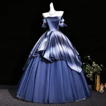 Éclatant Bleu Marine Robe Boule Robe De Bal 2026 De L Épaule Manches Courtes Dos Nu Longue Robe De Ceremonie