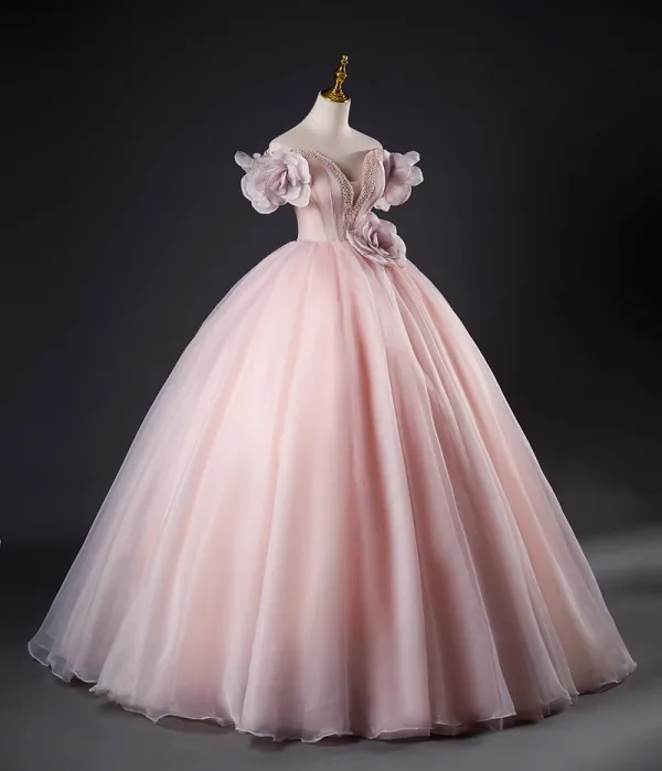 Chic / Beautiful Blushing Pink Appliques Prom Dresses 2023 Ball Gown Pearl Strapless Sleeveless Backless Floor-Length / Long Prom Formal Dresses
