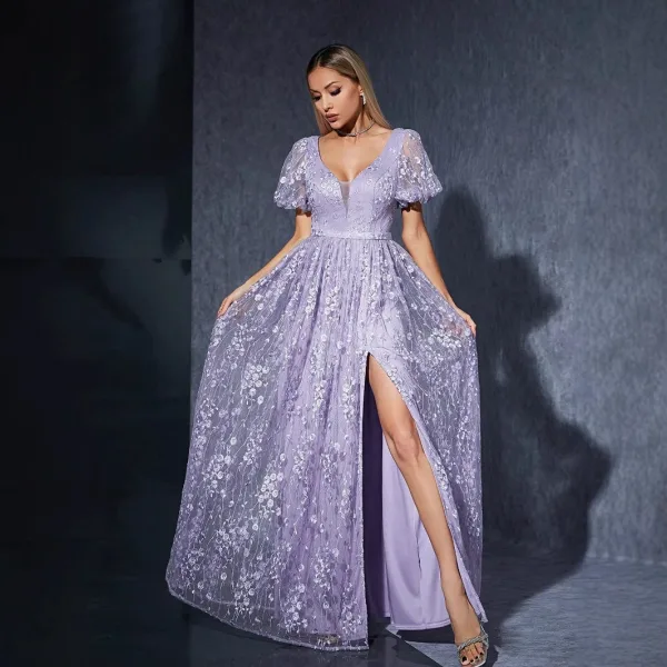 Chic / Belle Lavande En Dentelle Fleur Robe De Bal 2025 Princesse V-Cou Manches Courtes Dos Nu Longue Promo Robe De Ceremonie