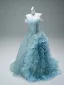Luxus / Herrlich Bling Bling Himmelblau Handgefertigt Perlenstickerei Perle Pailletten Applikationen Sweep / Pinsel Zug Ballkleider 2025 Ballkleid Bandeau Ärmellos Rückenfreies