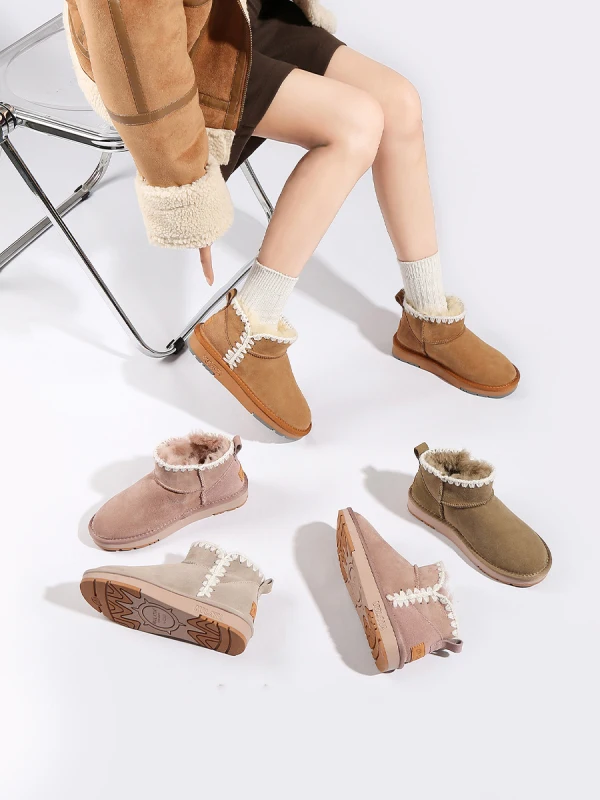 Comfortable Winter Brown Suede Snow Boots 2024 Street Wear Leather Round Toe Womens Boots