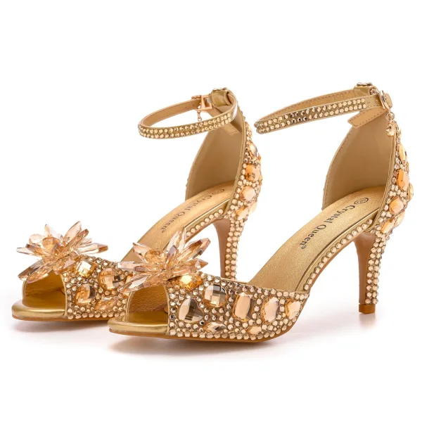 Charmant Gold Abend Strass Sandalen Damen 2023 Knöchelriemen 7 cm Stilettos Peeptoes Sandaletten Hochhackige