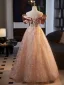 Chic / Beautiful Champagne Appliques Printing Prom Dresses 2025 A-Line / Princess Off-The-Shoulder Short Sleeve Backless Floor-Length / Long Prom Formal Dresses