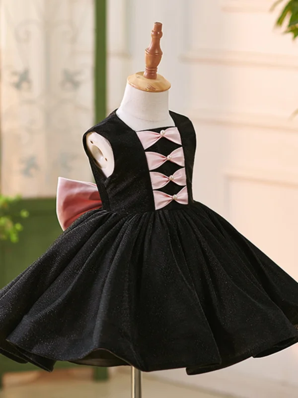 Audrey Hepburn Style Black Short Birthday Flower Girl Dresses 2024 Ball Gown Scoop Neck Bow Sleeveless