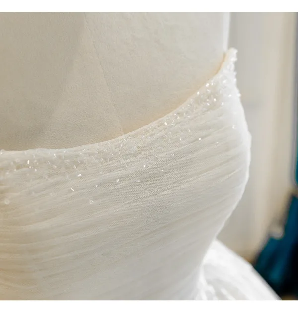 High End Elegante Champagner Handgefertigt Pailletten Spitze Blumen Brautkleider / Hochzeitskleider 2026 Ballkleid Bandeau Ärmellos Rückenfreies Hof-Schleppe